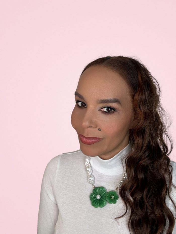 statement pendant vert enchantÉ hand-carved jasper flower, white edison pearl, tourmaline, 18 carat yellow gold