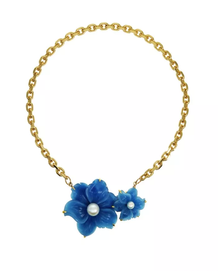 statement pendant in blue jasper & pearl in 18k gold - bleu majestÉ