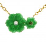 statement pendant vert enchantÉ hand-carved jasper flower, white edison pearl, tourmaline, 18 carat yellow gold