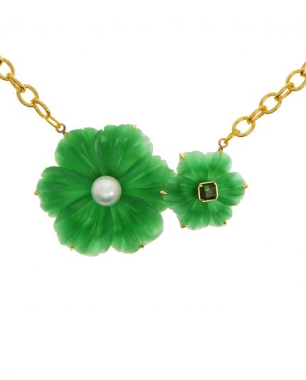 statement pendant vert enchantÉ hand-carved jasper flower, white edison pearl, tourmaline, 18 carat yellow gold
