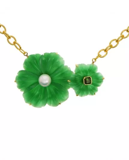 statement pendant vert enchantÉ hand-carved jasper flower, white edison pearl, tourmaline, 18 carat yellow gold