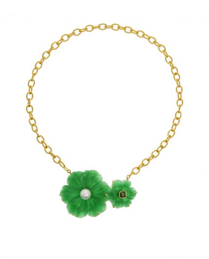 statement pendant vert enchantÉ hand-carved jasper flower, white edison pearl, tourmaline, 18 carat yellow gold