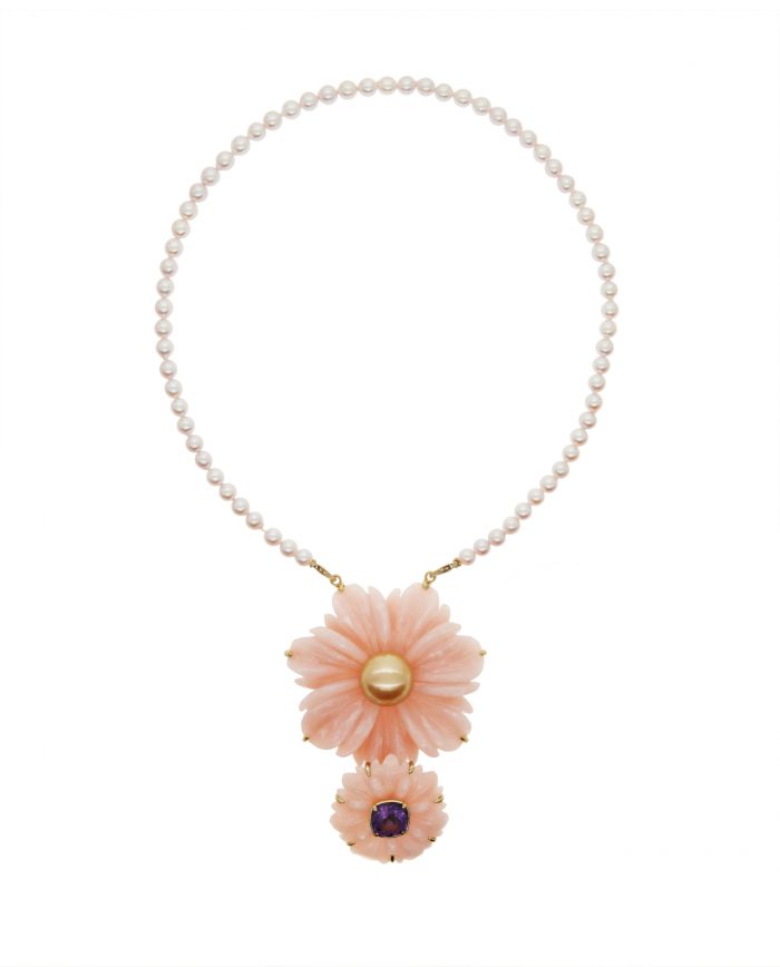 statement anhänger rose royal pink opal, turmalin, goldende südsee perle, 18 karat gelbgold