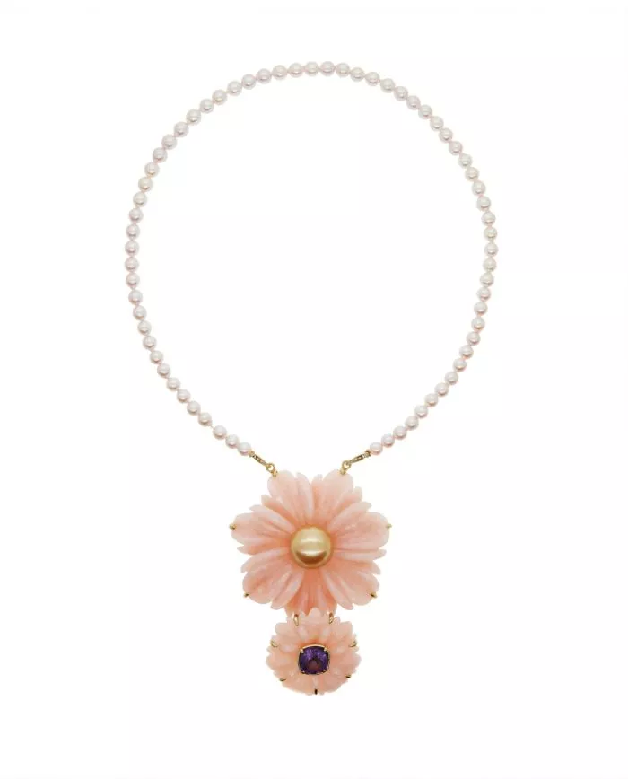 statement anhänger rose royal pink opal, turmalin, goldende südsee perle, 18 karat gelbgold