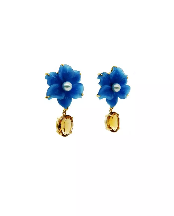 statement earrings with blue jasper flower, akoya pearl & citrine - ciel et miel