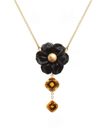 trésor obscur – pendant with onyx flower, South Sea pearl & citrine in 18 carat gold