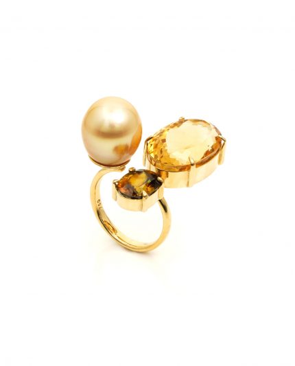 goldy – ring mit sphen, citrin & goldener südseeperle | maëla