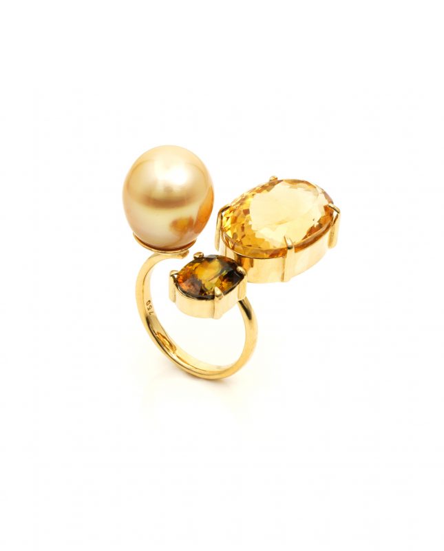 goldy – ring mit sphen, citrin & goldener südseeperle | maëla