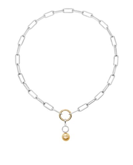 Golden Bomb — Collier à maille forçat de 48 cm en argent sterling 925, avec une perle dorée des mers du Sud et un pendentif en or jaune et blanc 18 carats serti de diamants.