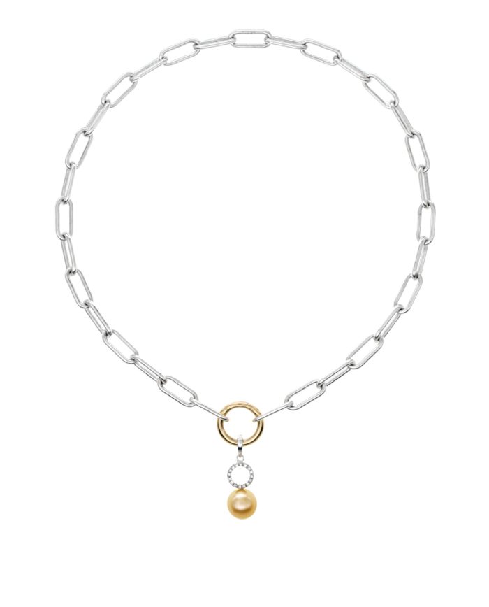 Golden Bomb — Collier à maille forçat de 48 cm en argent sterling 925, avec une perle dorée des mers du Sud et un pendentif en or jaune et blanc 18 carats serti de diamants.