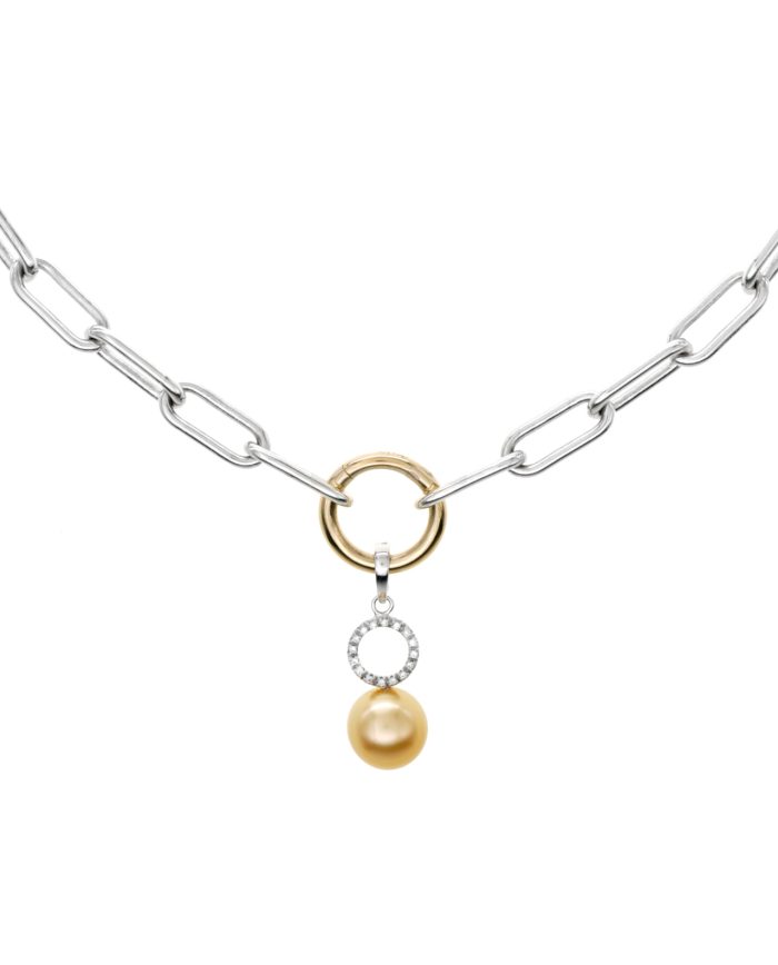 Golden Bomb — Collier à maille forçat de 48 cm en argent sterling 925, avec une perle dorée des mers du Sud et un pendentif en or jaune et blanc 18 carats serti de diamants.